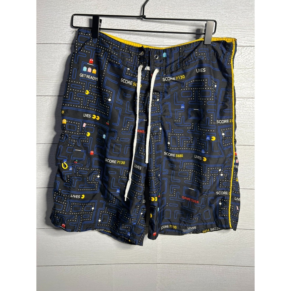 Vintage Giant Pac-Man Board Shorts Mens 32 AOP Video Game Swim Trunks Arcade Y2K